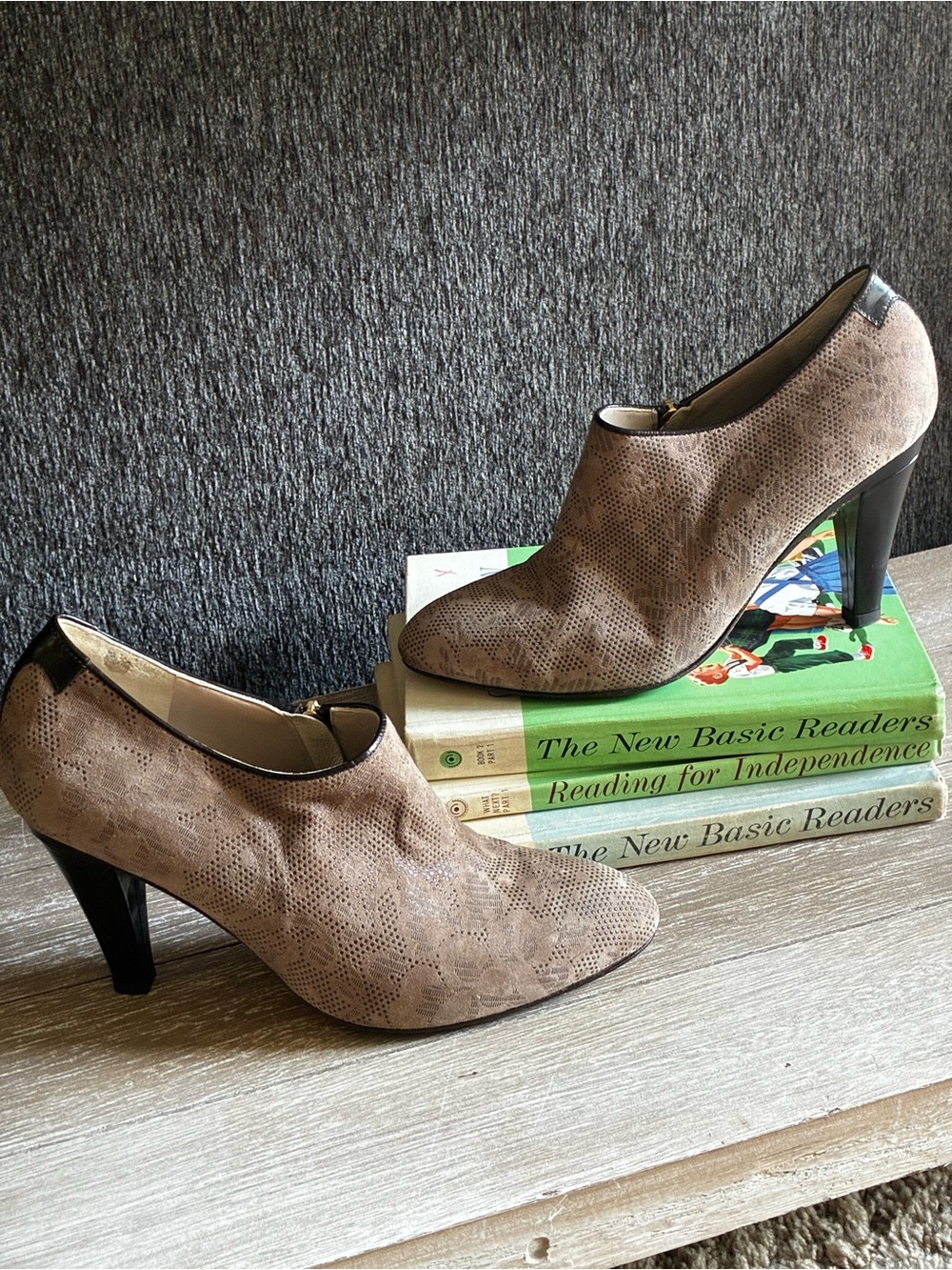 Vintage Taryn Rose Brown Suede Floral Embossed Leather Heeled Ankle Booties
